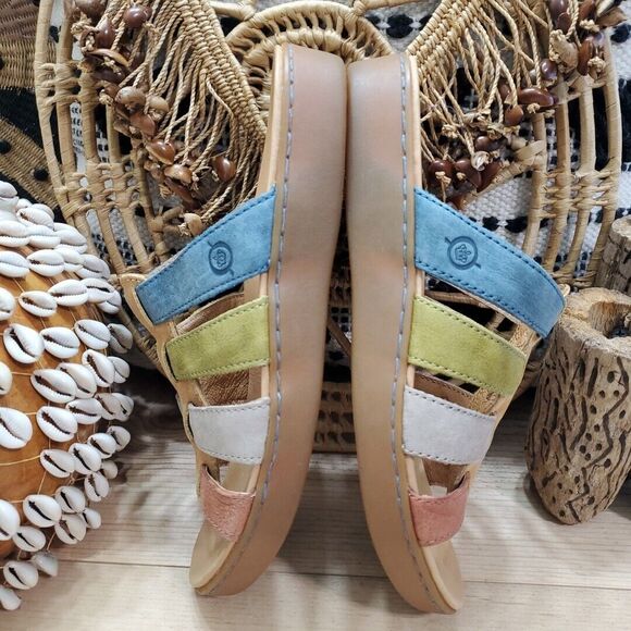 EUC Born Womens 8M Lynae Slip On Sandals Strappy Leather Sand Multi Comfort - Picture 5 of 14